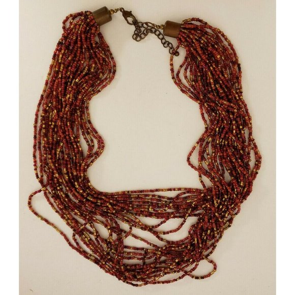 Necklace, Multistrand Reds thru browns to gold beads 21" Costume (J94) - Picture 2 of 3